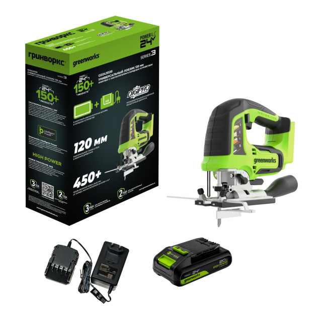 Лобзик аккумуляторный Greenworks 24V GD24JS120 (1хАКБ2Ач и ЗУ) - фото1 Лобзик аккумуляторный Greenworks 24V GD24JS120 (1хАКБ2Ач и ЗУ) - фото1
