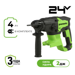 Перфоратор аккумуляторный Greenworks 24V GD24SDS2 (1хАКБ 4Ач и ЗУ) 2Дж в сумке 3803007UB - фото